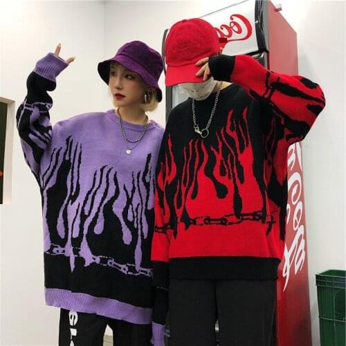New Harajuku Flame Knitted Sweater Pullover Women Autumn Winter Bat Sleeve Female Tide Printed Couple Oversized Jumper Sweaters