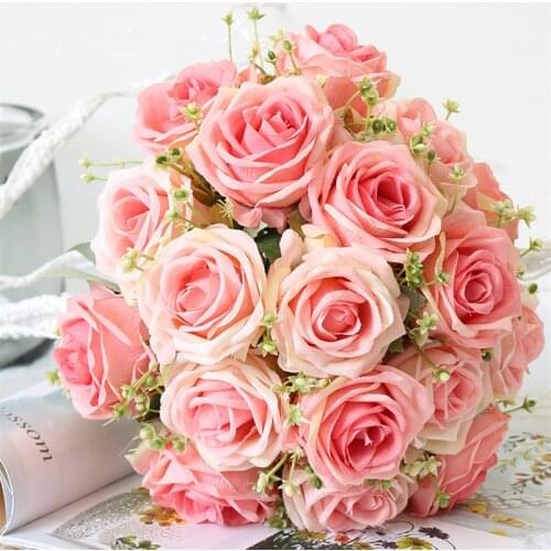 YO CHO Bride Wedding Bouquet Polyester 9 Heads Rose Gypsophila Bouquet Bridesmaid Artificial Silk Flower DIY Wedding Accessories