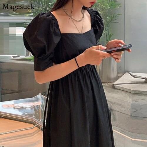 Plus Size Long Dress Women 2021 Summer Vinatge Puff Sleeve Black Dress Woman Hollow Midi Square Collar Dresses Robe Femme 14502