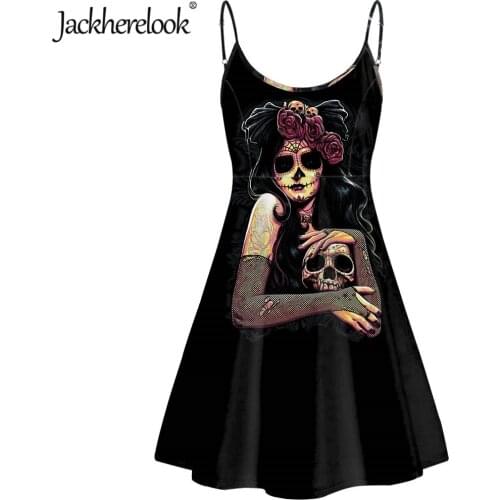 Jackherelook Summer Black Gothic Dress Brand Design Sugar Skull Sleeveless Sexy Woman Dresses Backless Party Dress Vestido Mujer