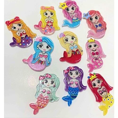 10Pcs Kawaii Mermaid Resin Cartoon Print Acrylic Sheet Pattern DIY Baby Headwear Hair Clips Bow Decor Accessories