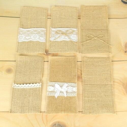 10pcs Hessian Lace Burlap Cutlery Holder Pouch Vintage Wedding Tableware Decor Rustic Wedding Decoration Centerpieces