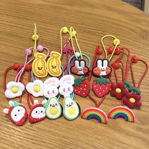 2Pcs Fruit Hairband Hairpin Rainbow Rabbit Hair Rope Silicone PVC Metal Barrette Elastic Rubber Headdress Girl Ponytail Trinket