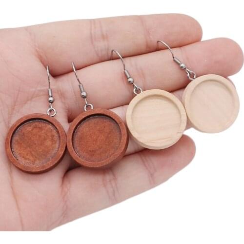 20pcs/lot Brown Fit 20mm Wood Cabochon Earring Base Settings Blank Stainless Steel Hooks Diy Accessories for Making Earrings