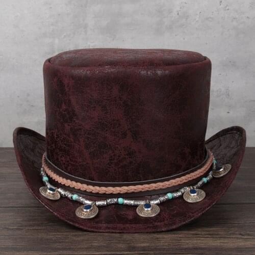 2021 100% Leather Women Men Top Hat Shower Lday Fedora Hat Magic Flat Steampunk Cosplay Pork Pie Party Caps Dropshiping 13cm