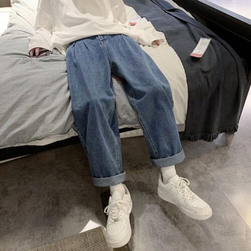 2021 Mens Loose Straight Pants Baggy Homme Cargo Pocket Wash Jeans Blue Color Casual Pants Biker Denim Trousers Plus Size S-XL