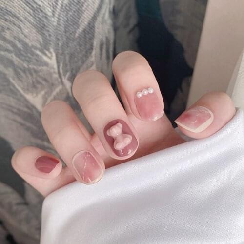 24pcs Cartoon Bear Nail Patch Glue Type Removable Short Paragraph Fashion Manicure Save Time False Nail Patch DL