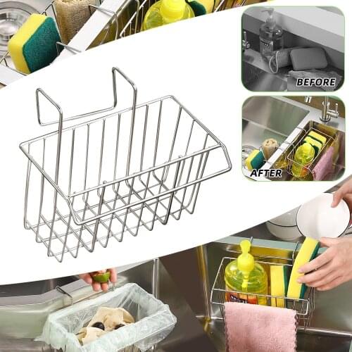 304 Stainless Steel Kitchen Sponge Rack Sink Dishwashing Liquid Drain Holder Cleaning Brush Scouring Pad Storage Hanging Basket