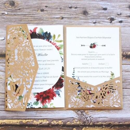 Rural Holiday Wedding Invitations Personalisable Insert RSVP Printing Tri-Fold Floral Laser Cut Craft Paper Pocket 50 Sets