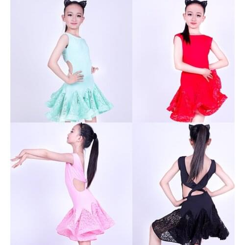 2019 Girl Lace sleeveless Latin Dancewear Standard Kids Latin Competition dance Dress Children Salsa Ballroom Dancing costumes