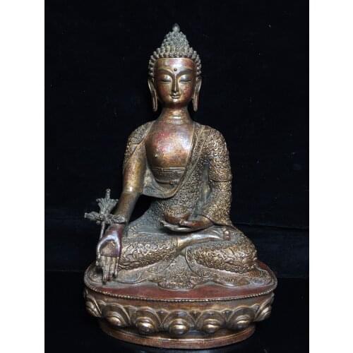 Home Decor 13" Tibet Buddhism Old Bronze Cinnabars Medicine Buddha Sakyamuni Wear Robes Amitabha Enshrine the Buddha