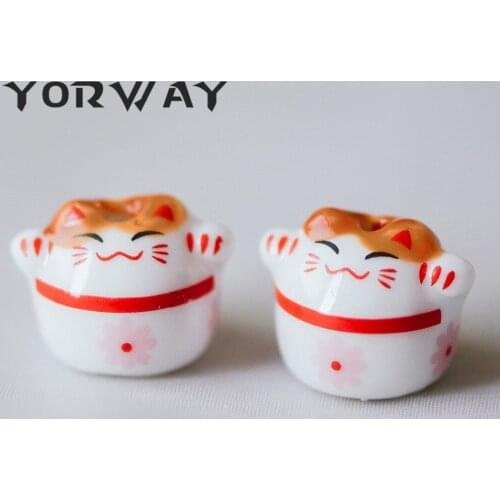 10pcs/Lot Porcelain Lucky Cat Beads 13x17mm, Handmade Ceramic Maneki Neko, Drilled Through Kawaii Cats (80154)