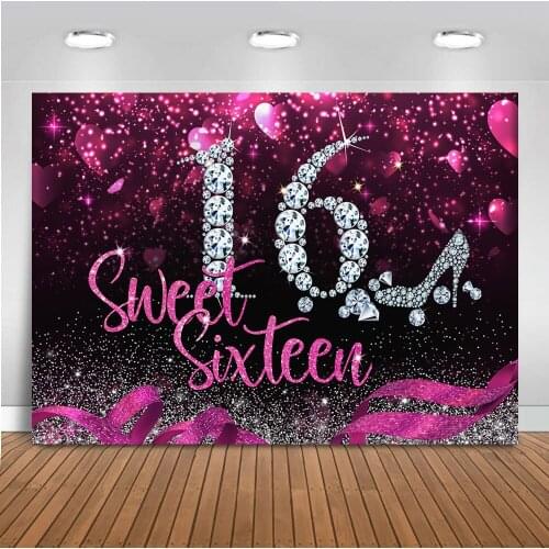 Sweet 16th Birthday Party Backdrop Diamond High Heel Photo Sweet Sixteen Photography Background Silver Glitter Sequin Love