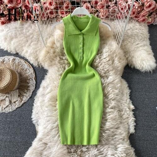 HangCode Europe Fashion Polo Sleeveless Bodycon Dress 2021 Summer Slim Knitted Short Dress Ladies Tank Dress