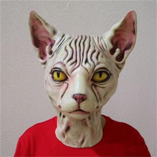 Halloween Hairless Cat Monster Horro Scary Cosplay Costume Prop Latex Face Mask Masquerade Party Horrifying Headwear Dress Up