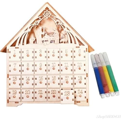 Basswood Advent DIY Calendar with 4 Watercolor Pen 24 Pull-out Drawers LED Light Christmas Decoration Gift O21 20 Dropshipping