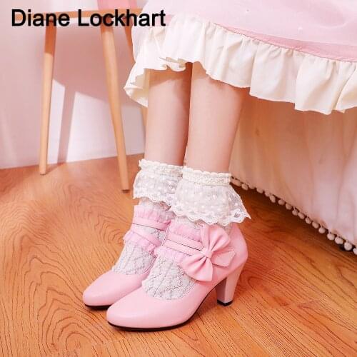 Summer 2021 Ladies Heels Platform Cute Bow Lace Princess Mary Jane Lolita Shoes Party Dress High Heel Buckle Women Pumps Pink