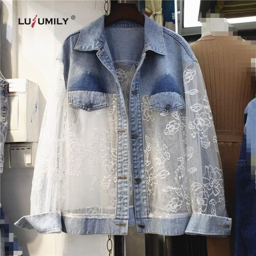 Lusumily Fashion Denim Jacket Women Embroidery Jean Jacket Casual Cowboy Outwear Autumn Female Sexy Hollow Out Denim Coat