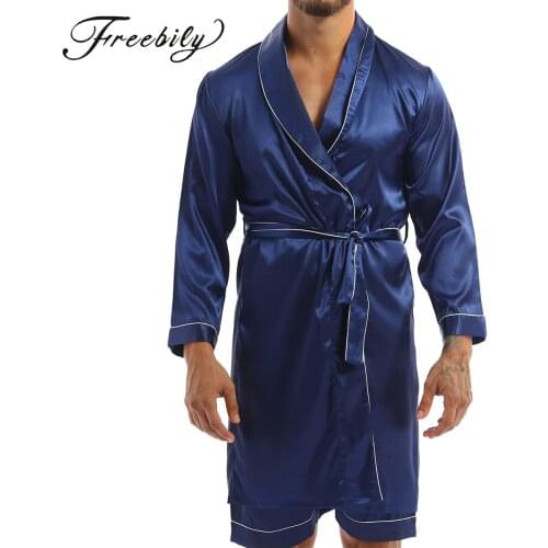 Men Casual Silky Satin Bathrobe Nightgown Long Sleeves Comfort Kimono Robe Loungewear
