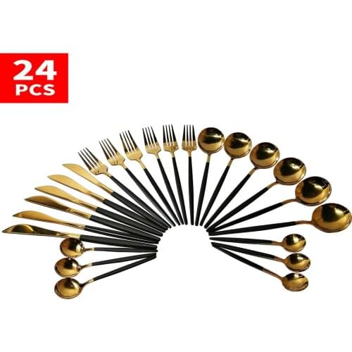 24Pcs Black Gold Dinnerware Set Stainless Steel Cutlery Set Forks And Spoon Set Colorfull Cutlery Sets Reusable Flatware Set