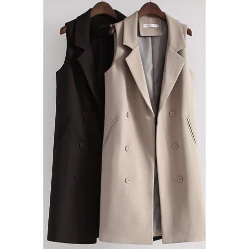 New Spring Autumn Women Long Blazer Vest Coat Double Breasted Sleeveless Waistcoat OL Office Lady Loose Jacket Suit Vests SF1436