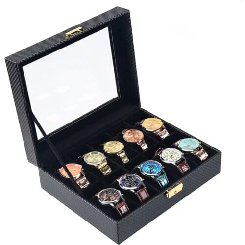 New Carbon Fiber Watch Storage Boxes With Lock Black Leather Watch Display Organizer Package Mechanical Watch Gift Case Holder