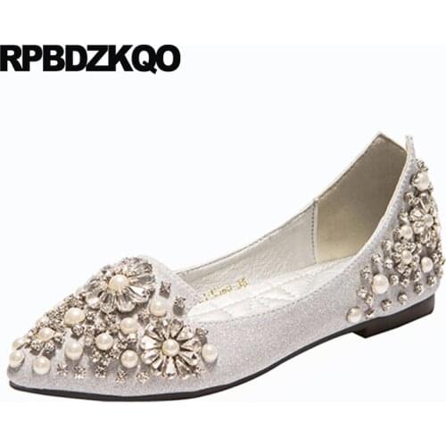 Flats 2018 ladies wedding women dress shoes crystal rhinestone gold silver pearl china sparkling slip on diamond pointed toe