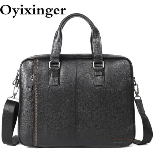 OYIXINGER Genuine Leather Men Laptop Bag Natural Cowhide Laptop Handbag For 14 Inch Macbook Portable Shoulder Messenger Bag Male