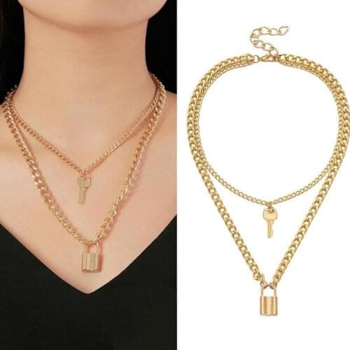 Geometric Element Necklace Pendant For Women Lock Pendant Layered Chain Punk Key Padlock Jewelry Women Party Supplies