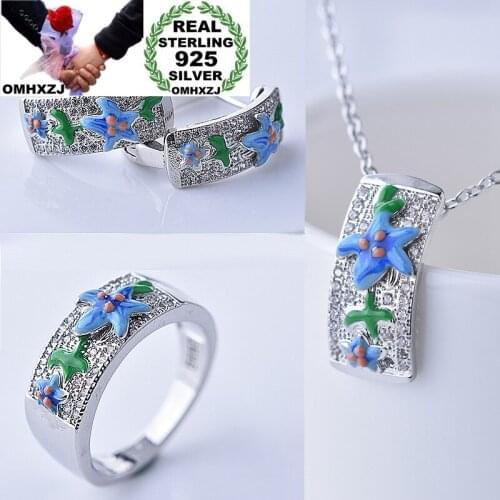 OMHXZJ Wholesale JE35 Fashion Woman Party Birthday Wedding Gift Flower 925 Sterling Silver Necklace+Earrings+Ring Jewelry Set