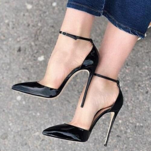 Plus Size 13 Black Patent Leather Stiletto Heel Pumps Pointed Toe Ankle Strap Party Shoe Cut-out Gladiator Heels Lady Dress Shoe