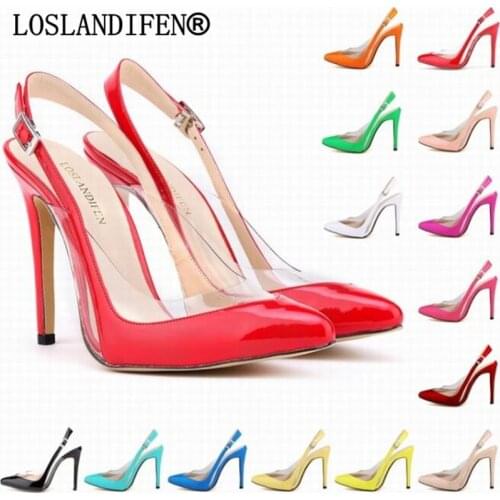 Women pumps Patent leather high heels PU women shoes Transparent Pointed Toe 11CM Thin Heels Word Band Wedding Dress Shoes