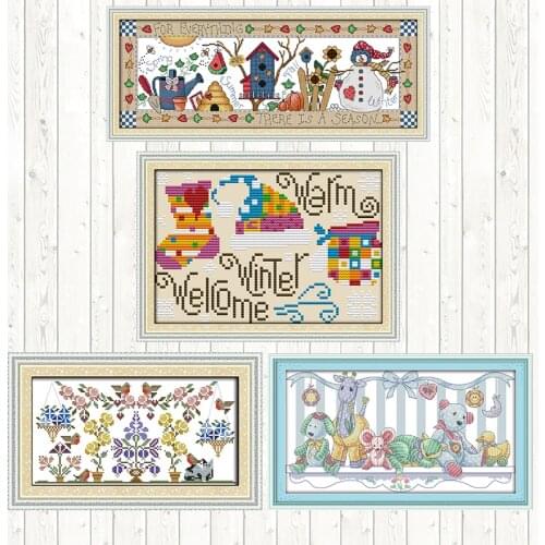 Four Seasons Christmas Cross Stitch Kits Cotton Thread Embroidery Needlework Sets Patterns Kits DIY Needlework Crafts Home Decor