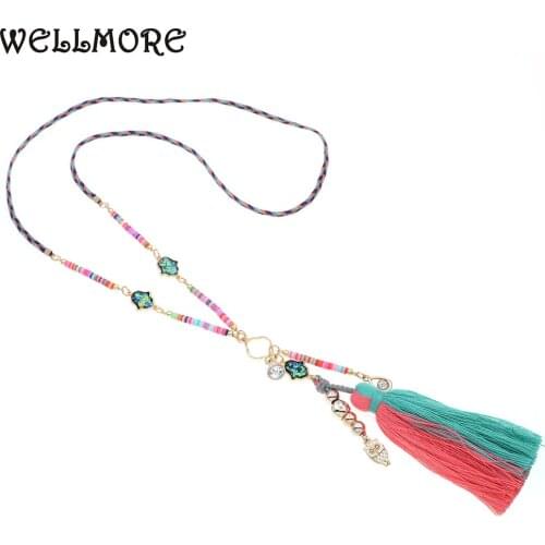 WELLMORE Colorful Bohemian Tassel Statement beaded Necklace Rope chain pendant necklaces for women jewelry dropshipping