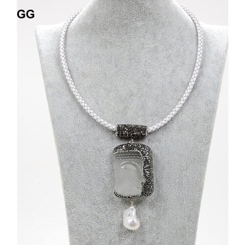 GuaiGuai Jewelry 19'' White Leather Necklace Keshi Baroque Pearl Clear Crystal Buddha Pendant