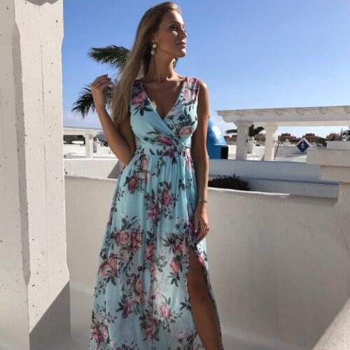 Women Floral Printed Dress Sleeveless V Neck Sexy Bohemian Women Split Dress Summer Holiday Vintage Party Maxi Dresses Vestidos