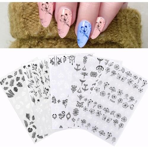 1 Pcs Black White Flower Leaf Decoration Sliders Series Style Nail Art Self-Adhesive Transfer Stickers Decals Accessories Tips