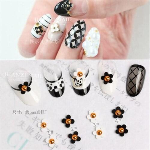 10pcs/bag Retail Japan Korean New 3D Nail Metal Resin White Black Flower DIY Charm Nail Tools for manicure