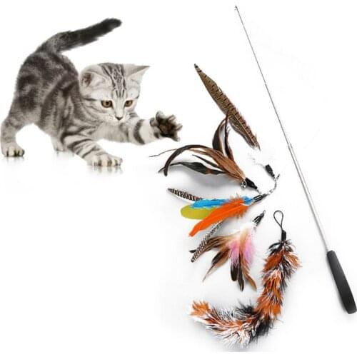 6Pcs Retractable Funny Cat Stick DIY Replacement Head Pet Teaser Toys Set