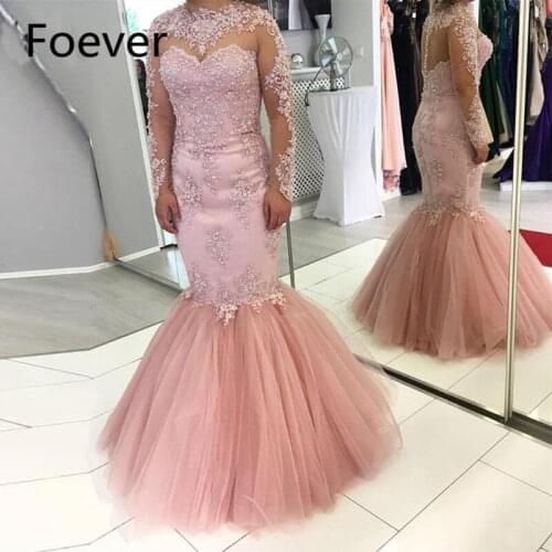 Avondjurken 2019 Elegant Evening Dress Mermaid Illusion Long Sleeves Beaded Lace Saudi Arabic Women Formal Prom Evening Gown