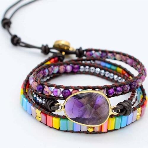Egg Shape Natural Stone Bracelets Colorful Chakra Crystal 3 Strands Wrap Bracelets Gifts