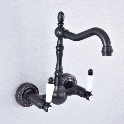 Oil Rubbed Bronze 2 Ceramic Handle Two Hole Wall Mounted Kitchen Bathroom Basin Faucet Sink Mixer Taps Swivel Spout 360' dsf719