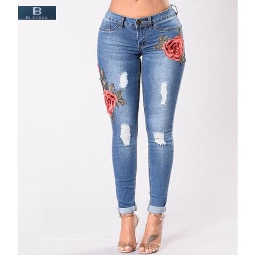 [EL BARCO] 2017 Cotton Floral Embroidery Denim Jeans Women Ripped Holes Pockets Soft Long Casual Skinny Pants Female Trousers