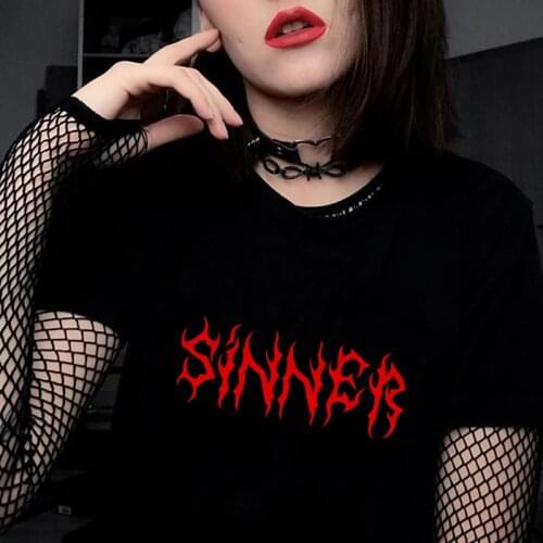 Sinner Letter Print T-shirt Harajuku Hipster Summer Tumblr Gothic Punk Style Tees Streetwear Chic Loose Casual Grunge Women Tops