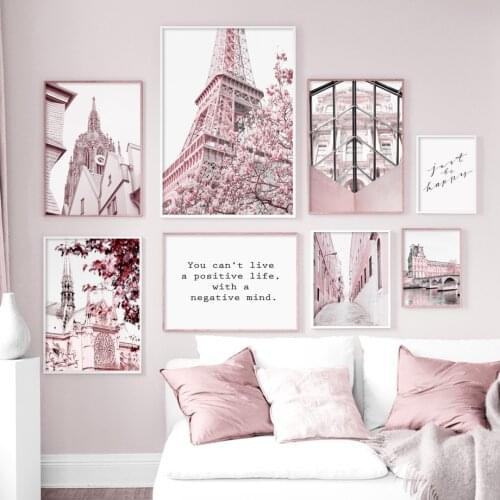 Pink Paris Tower Big Ben Church Bridge Flower Art Canvas Painting Nordic Posters And Prints Wall Pictures For Living Room Decor