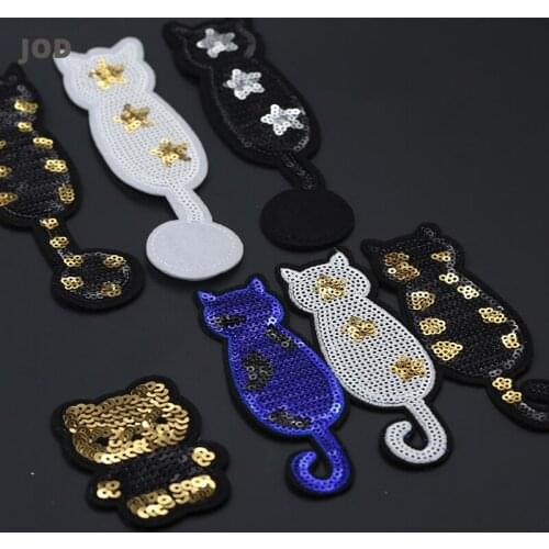 Cute Cartoon Anime Embroidery Sequin Cat Patch Transfers Iron on Patches for Clothing Applique Stickers on Clothes Badges Sew On