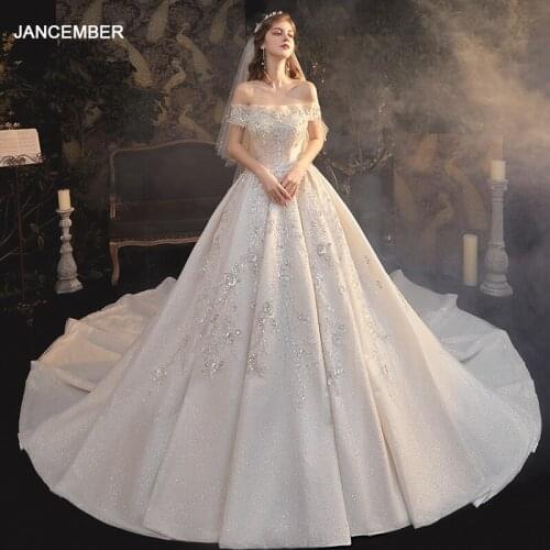 LDR43 Off-shoulder Wedding Dress 2020 New Bridal Ivory White Long Sleeve Flower Decoration Removable Sleeve Trailing Temperament