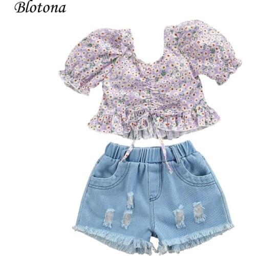 Blotona Girls Summer Set Fashion Floral Short Sleeve Ruffles V-Neck Tops and Solid Color Ripped Denim Short Pants 1-7Years