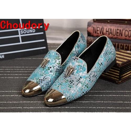 Choudory blue spiked loafers men slipon gold toe dress shoes men velvet slippers luxury tassel python skin shoes zapatos hombre