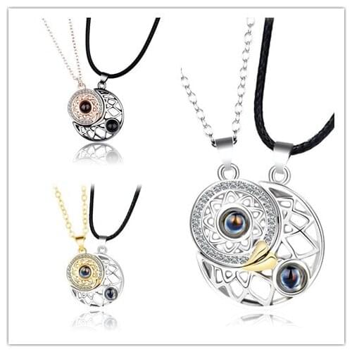 2pcs Magnetic Distance Couple Necklace for Lovers 100 Languages I Love You Projection Pendant Necklace Love Wedding Necklace